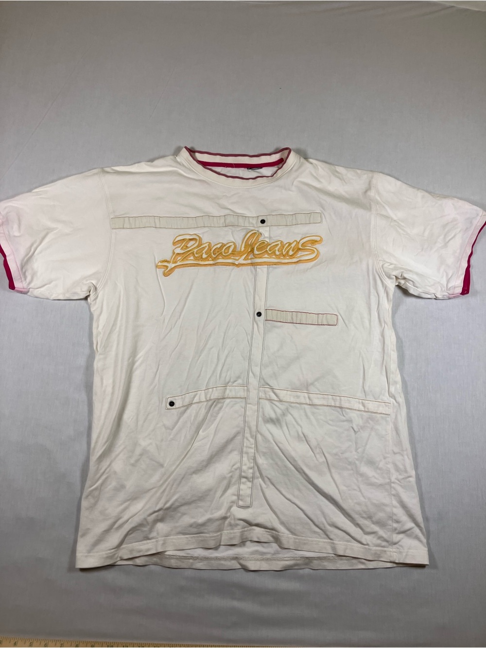 Paco Jeans White Short-Sleeve Logo Tee with Pink Trim